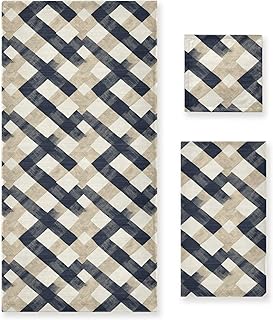 ALAZA Beige & Navy Blue Plaid Geometric Towel Set – 3-Piece Soft Absorbent Bath Towels (1 Bath Towel, 1 Hand Towel, 1 Washcloth) for Home, Gym & Beach