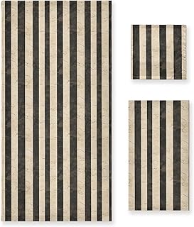 ALAZA Retro Beige & Black Striped Towel Set – 3-Piece Soft Absorbent Bath Towels (1 Bath Towel, 1 Hand Towel, 1 Washcloth) for Home, Gym & Beach