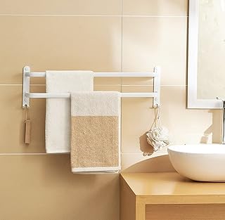 Double Towel Rack Aluminium Wall Mounted 2-Tier Towel Rail with Hook – 60cm Waterproof Rust-Resistant Bath Towel Holder for Bathroom & Kitchen (White)