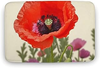 Coral Fleece Bathroom Mat with Poppy Flower Print – Anti-Slip Absorbent Soft Floor Rug for Entrance, Tub, Sink & Vanity Use