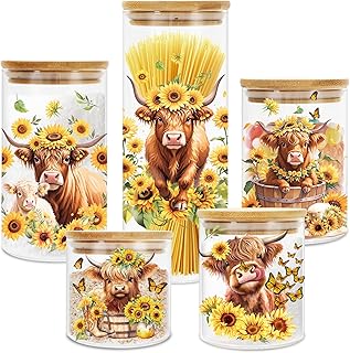 JarThenaAMCS Highland Cow Sunflower Glass Storage Jars Set of 5 – Airtight Farmhouse Kitchen Canisters with Watercolor Floral Design for Cookies, Snacks & Countertop Storage