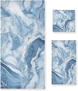 ALAZA Blue White Marble Bathroom Towel Set 3 Piece – Soft Absorbent Bath, Hand & Washcloth Towels for Home, Kitchen, Gym & Beach