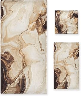 ALAZA Beige and Brown Marble Geometric Bathroom Towel Set 3 Piece – Soft Absorbent Bath, Hand & Washcloth Towels for Home, Gym, Kitchen & Beach