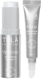 TULA Skin Care Eye + Lip Duo - Spresso Energizing Eye Balm & Glaze Plumping Lip Treatment - 2-Piece Holiday Gift Set - Brightening & Hydrating Skincare Kit with Probiotic Extracts