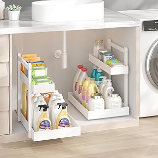 Under Sink Organizer 1 Tier Pull Out Cabinet Storage Rack Vertical Slide Out Shelf 2 Pack White Kitchen Bathroom Organization