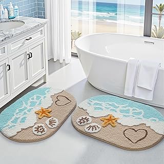 LUMI 2-Piece Non-Slip Bathroom Rug Set Ultra Soft Absorbent Quick-Dry Bath Mats Ocean Sea Theme with Starfish Shell Design for Bathroom Kitchen Kids Room 22x34 Inch Washable Floor Rugs