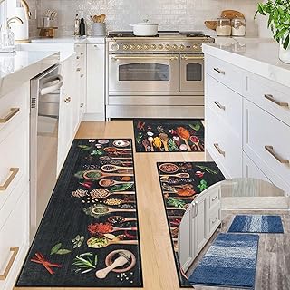 Vaukki Boho Kitchen Rug Sets 3 PCS Non-Slip Washable Floor Mats with Luxury Soft Bathroom Rug Set | Kitchen Runner & Bath Mats for Hallway Home Decor