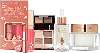 Charlotte Tilbury Holiday Beauty Collection Set - Full-Size Magic Cream & Magic Serum Crystal Elixir - Golden Goddess Eyeshadow Quad & Icon Baby Lip Duo - Luxury Skincare & Makeup Gift Set for Radiant Glow