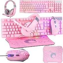Orzly Hornet RX-250 Pink Gaming Keyboard Mouse Headset Mouse Pad RGB LED Wired 4-in-1 Gaming Accessories Bundle for PC PS4 PS5 Xbox Nintendo Switch
