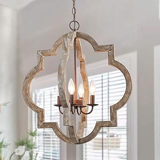 LOG BARN Large Farmhouse Chandelier Handmade Wood 4-Light Ceiling Fixture – Rustic French Country Hanging Light for Dining Room, Bedroom, Living Room and Hallway