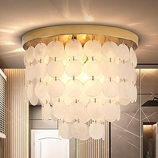 Capiz Shell 3-Tier Gold Flush Mount Chandelier – Coastal Modern Ceiling Light Fixture for Bedroom, Bathroom, Entryway and Dining Room, 13.8” Round Decorative Lighting